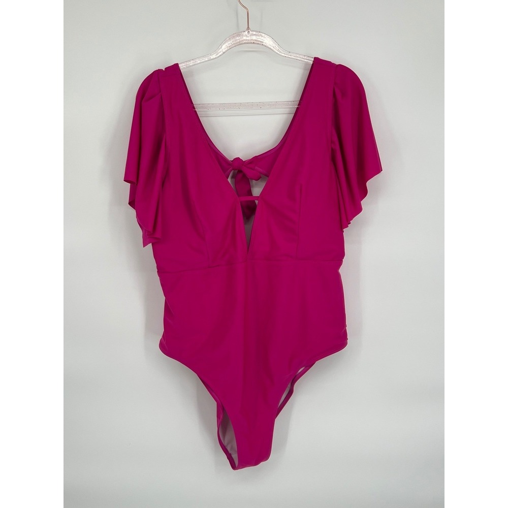 Hot Pink Swimsuit 4XL Tie Front Ruffle Sleeve V-Neck One Piece Bathing Suit